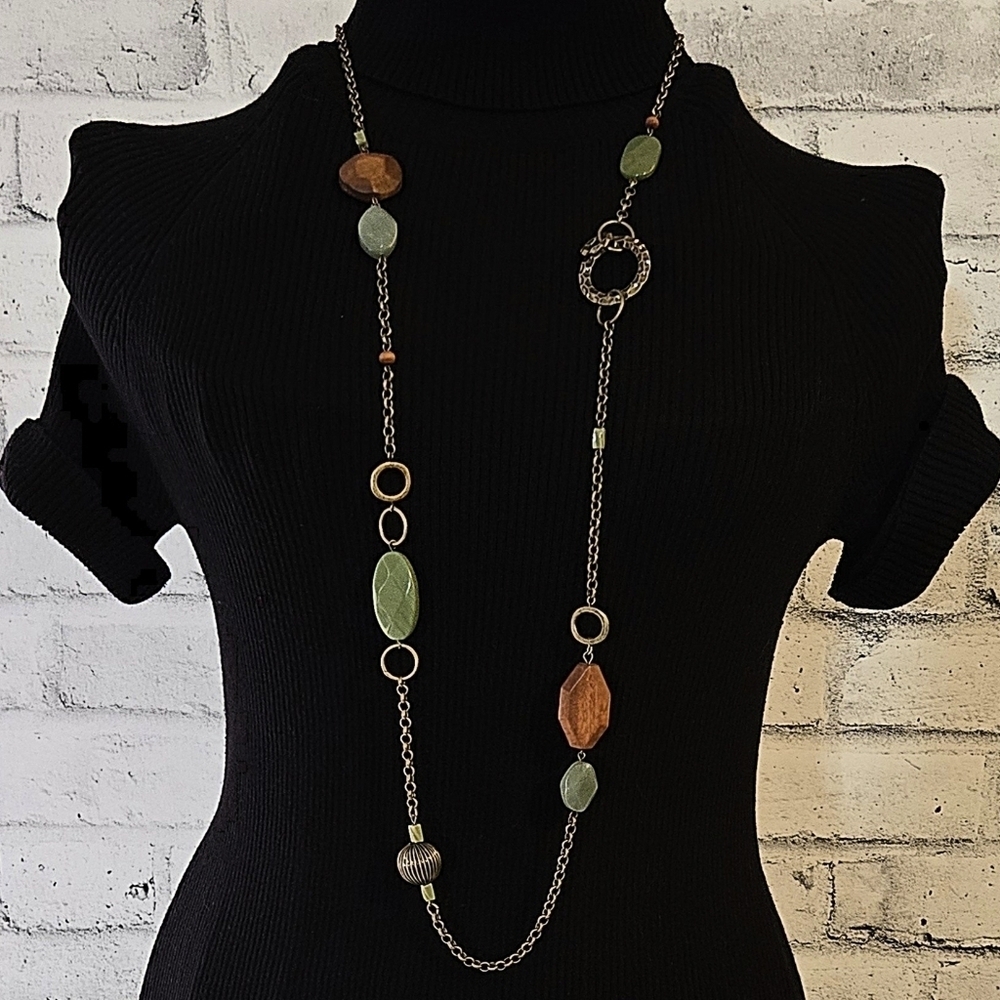 Lia Sophia Retired Long Necklace Green Wood Beads Gold Tone Chain